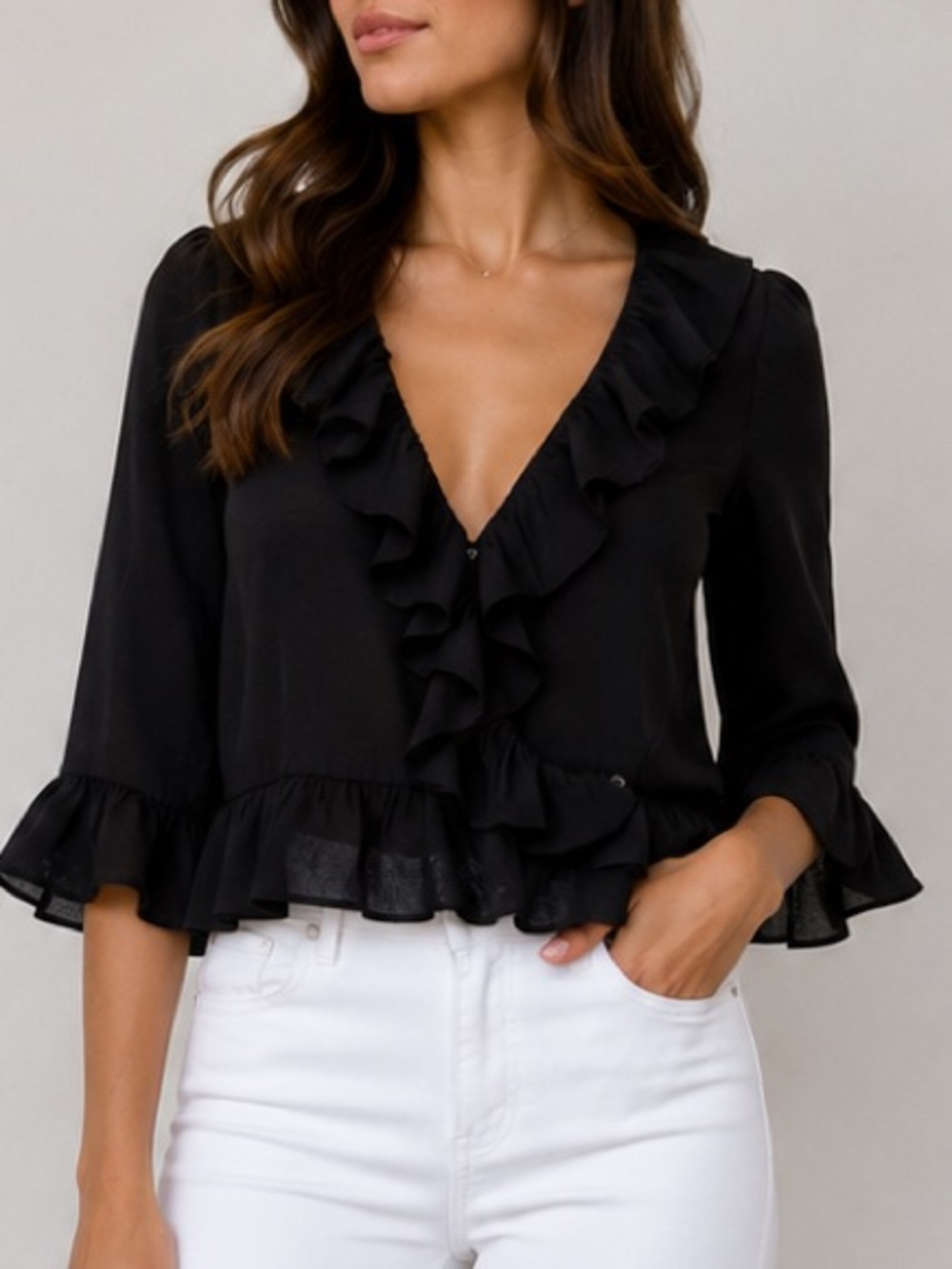 Seek The Label Black Ruffled V Neck Crop Blouse XS